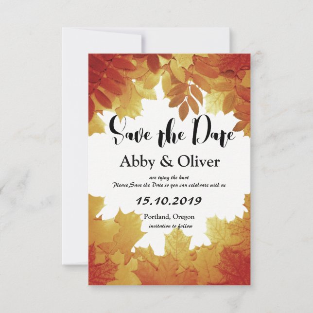 Autumn Leaves Fall Wedding Photo Save the Date (Front)