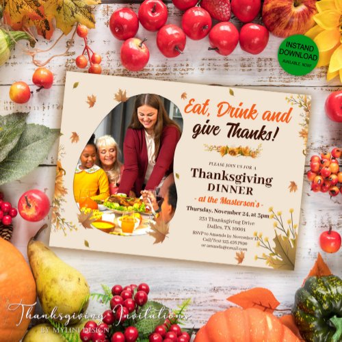 Autumn Leaves Family Photo Thanksgiving Dinner Invitation