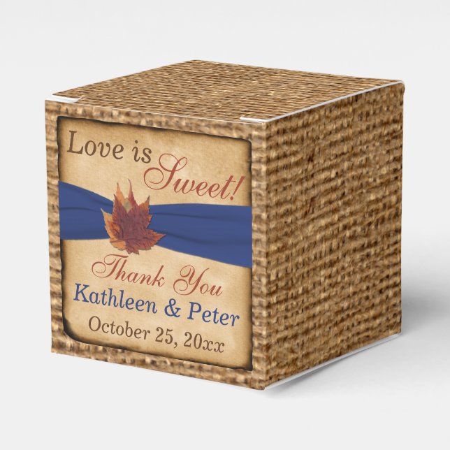 Autumn Leaves, FAUX Burlap Favor Box - Blue (Front Side)