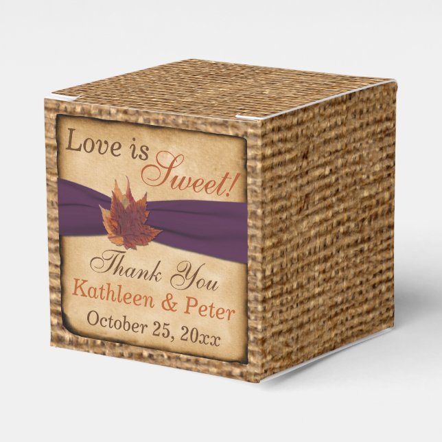 Autumn Leaves, FAUX Burlap Favor Box - Purple (Front Side)