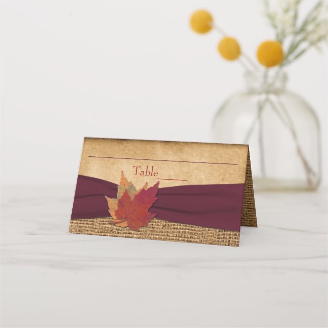 Autumn Leaves FAUX Burlap Folded Place Card - Wine (Front)