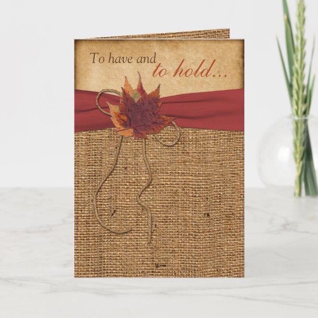 Autumn Leaves, FAUX Burlap Folded Wedding Card (Front)