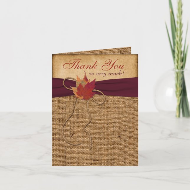 Autumn Leaves, FAUX Burlap PHOTO OPTIONAL - Wine Thank You Card (Front)