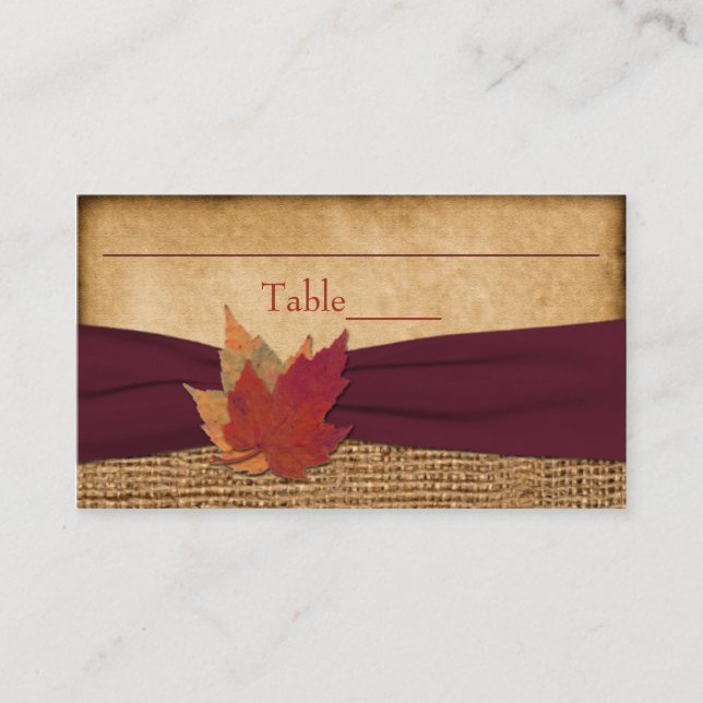 Autumn Leaves, FAUX Burlap Place Card - Wine (Front)
