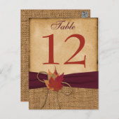 Autumn Leaves FAUX Burlap Table Number Card - Wine (Front/Back)