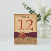 Autumn Leaves FAUX Burlap Table Number Card - Wine (Standing Front)
