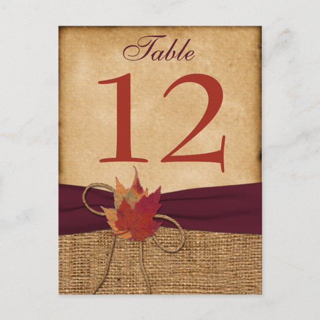 Autumn Leaves FAUX Burlap Table Number Card - Wine (Front)