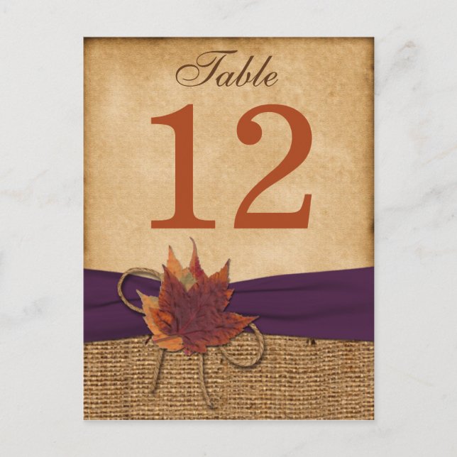 Autumn Leaves, FAUX Burlap Table Number Post Card (Front)