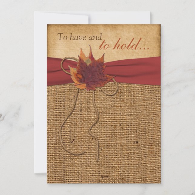 Autumn Leaves, FAUX Burlap Wedding Invitation (Front)