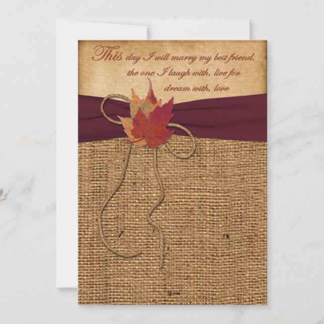 Autumn Leaves, FAUX Burlap Wedding Invite 2 - Wine (Front)