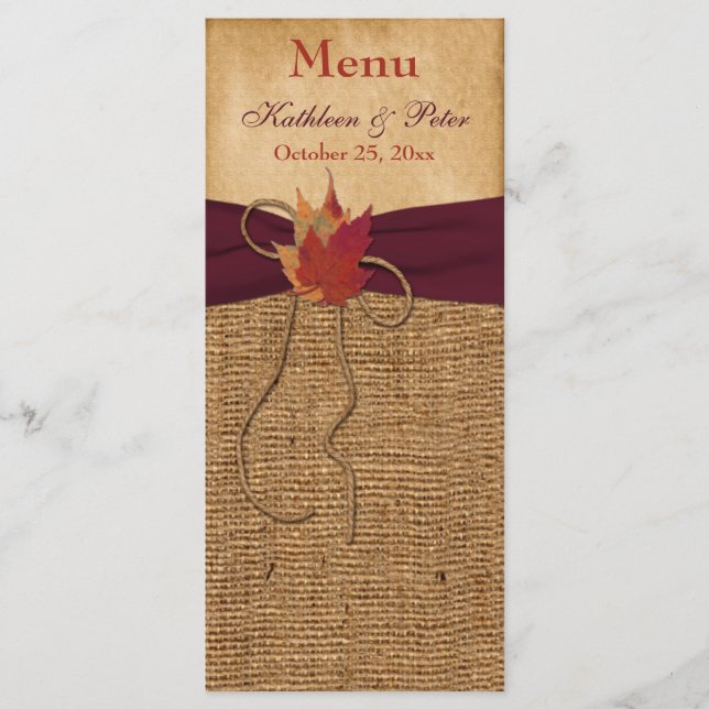 Autumn Leaves FAUX Burlap Wedding Menu Card - Wine (Front)