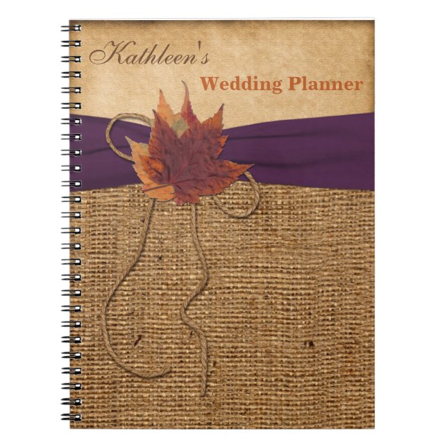 Autumn Leaves FAUX Burlap Wedding Planner Notebook (Front)