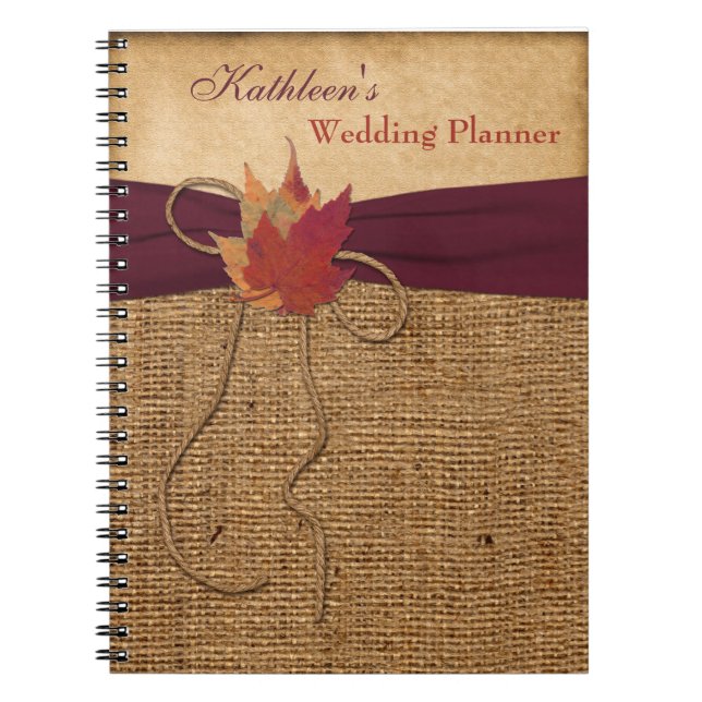 Autumn Leaves FAUX Burlap Wedding Planner - Wine Notebook (Front)