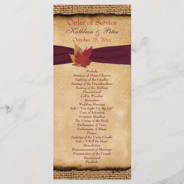 Autumn Leaves FAUX Burlap Wedding Program - Wine (Front)