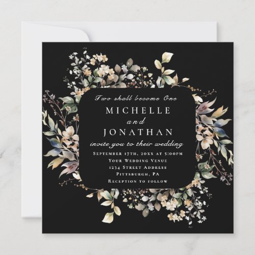 Autumn Leaves Floral on Black Bible Verse Wedding Invitation