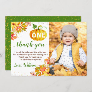 Autumn Leaves Floral Pumpkin 1st Birthday Photo Thank You Card