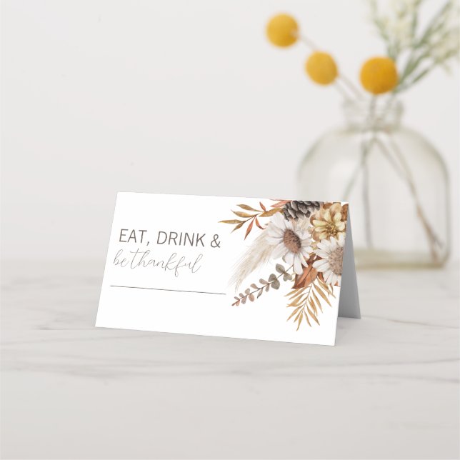 Autumn Leaves & Floral Thanksgiving Dinner Place Card (Front)