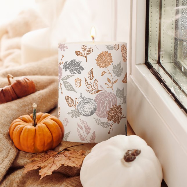 Autumn Leaves Flowers & Pumpkin Pattern Monogram Pillar Candle (Autumn Leaves Flowers & Pumpkin Pattern Monogram Pillar Candle)