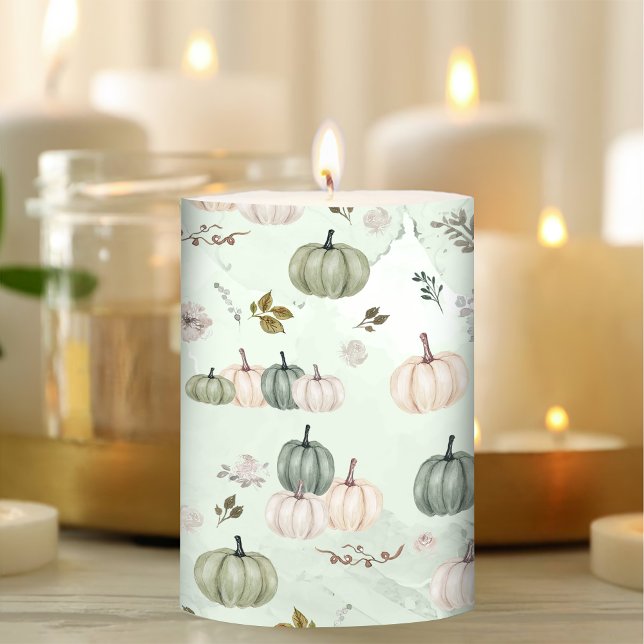 Autumn Leaves Flowers & Pumpkin Pattern Sage Green Pillar Candle (Creator Uploaded)