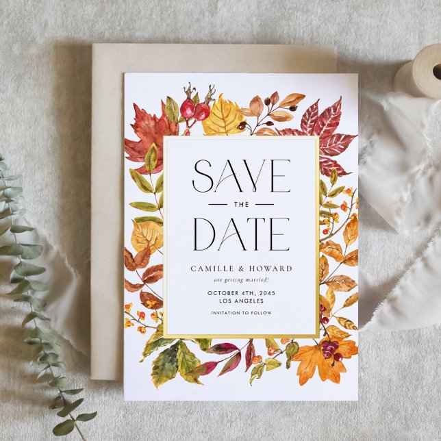 Autumn Leaves Frame Fall QR Code Save the Date Foil Invitation (Customizable QR Code Save the Date Card with Gold Foil Frame and Autumn Foliage)
