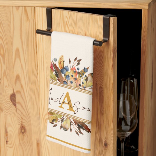 Autumn leaves frame personalized  kitchen towel (Thirds Fold)