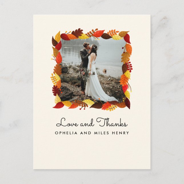 Autumn Leaves Frame Photo Wedding Thank You Postcard (Front)
