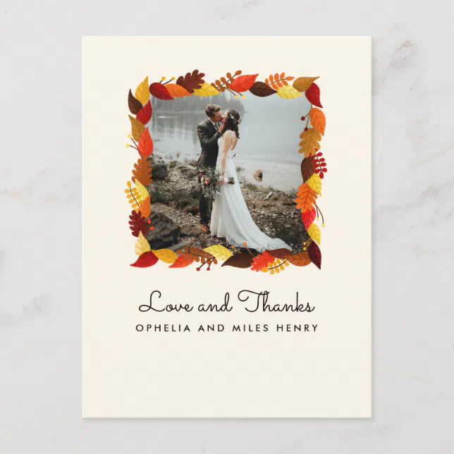 Autumn Leaves Frame Photo Wedding Thank You Postcard | Zazzle