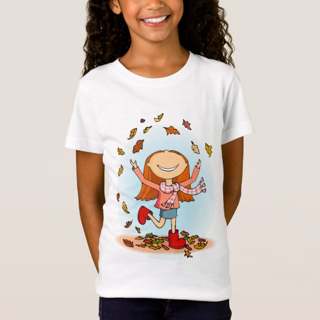 Autumn leaves fun red boots girl t-shirt (Front)