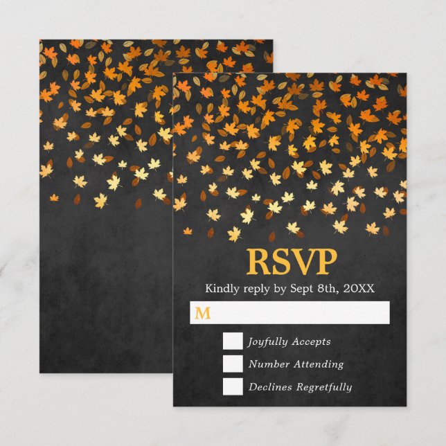 Autumn Leaves Gold and Black Grunge Wedding RSVP Card (Front/Back)