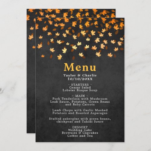 Autumn Leaves Gold and Black Wedding Menu