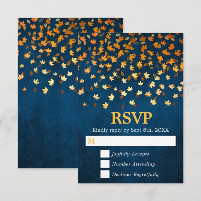 Autumn Leaves Gold and Blue Grunge Wedding RSVP Card (Front/Back)