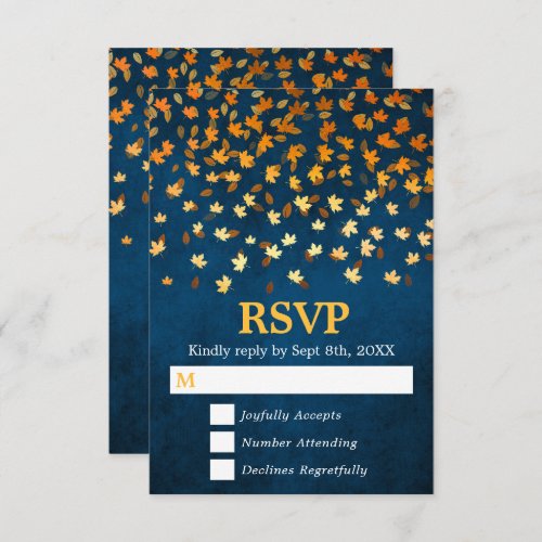 Autumn Leaves Gold and Blue Grunge Wedding RSVP Card