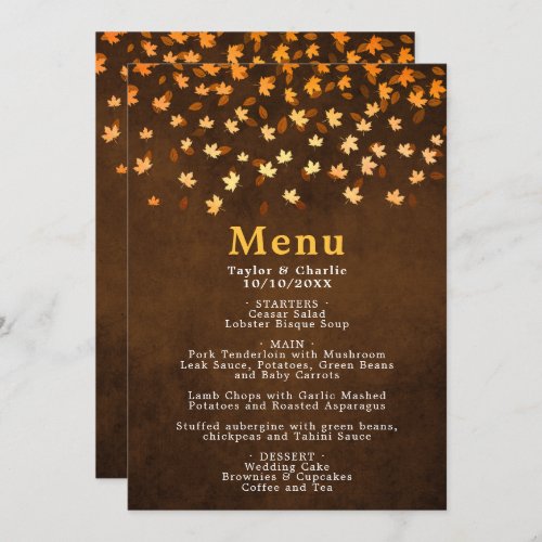 Autumn Leaves Gold and Brown Wedding Menu