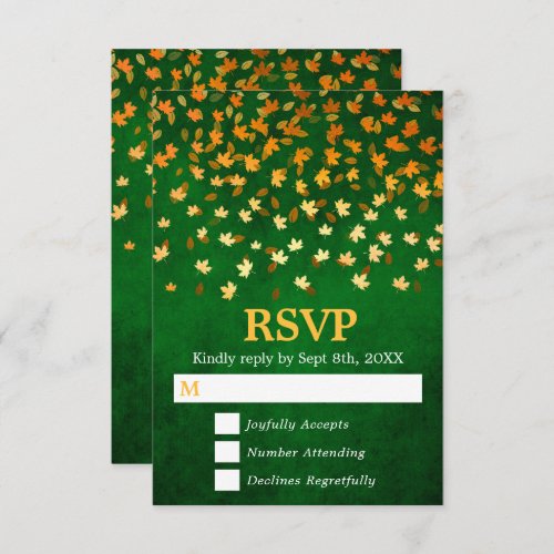 Autumn Leaves Gold and Green Grunge Wedding RSVP Card