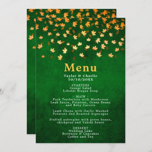 Autumn Leaves Gold and Green Wedding Menu