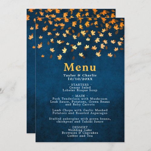 Autumn Leaves Gold and Navy Blue Wedding Menu