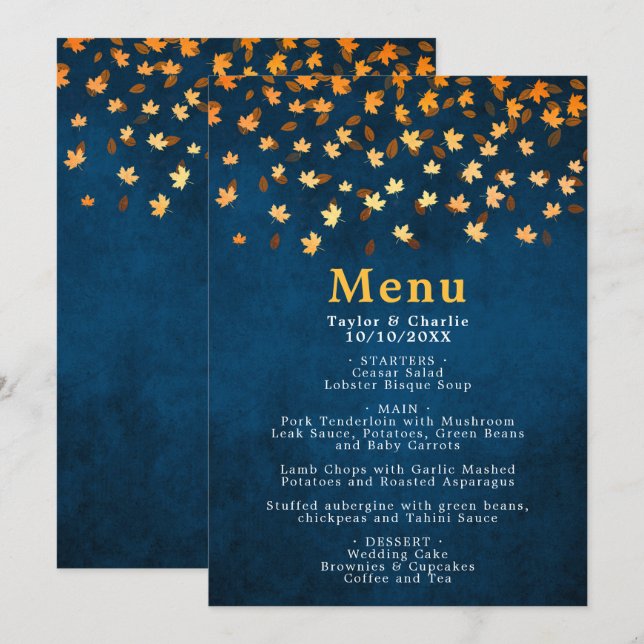 Autumn Leaves Gold and Navy Blue Wedding Menu (Front/Back)