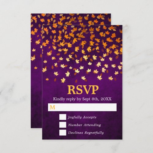 Autumn Leaves Gold and Purple Grunge Wedding RSVP Card