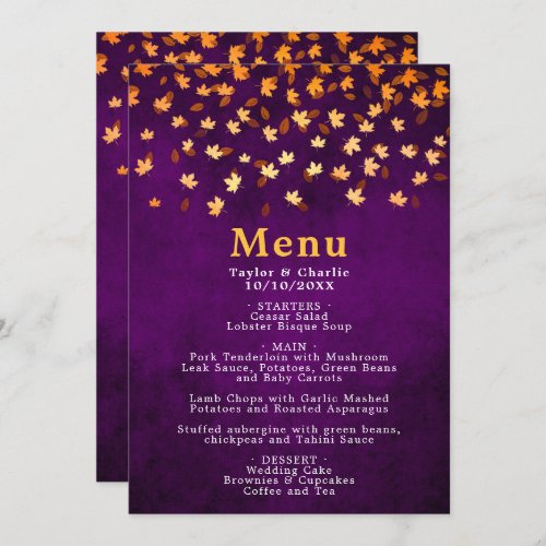 Autumn Leaves Gold and Purple Wedding Menu