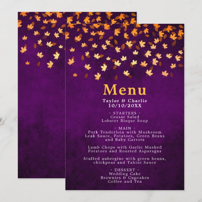 Autumn Leaves Gold and Purple Wedding Menu (Front/Back)