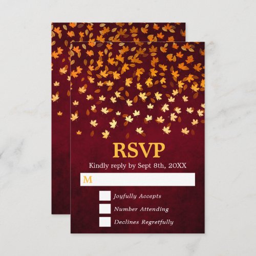 Autumn Leaves Gold and Red Grunge Wedding RSVP Card