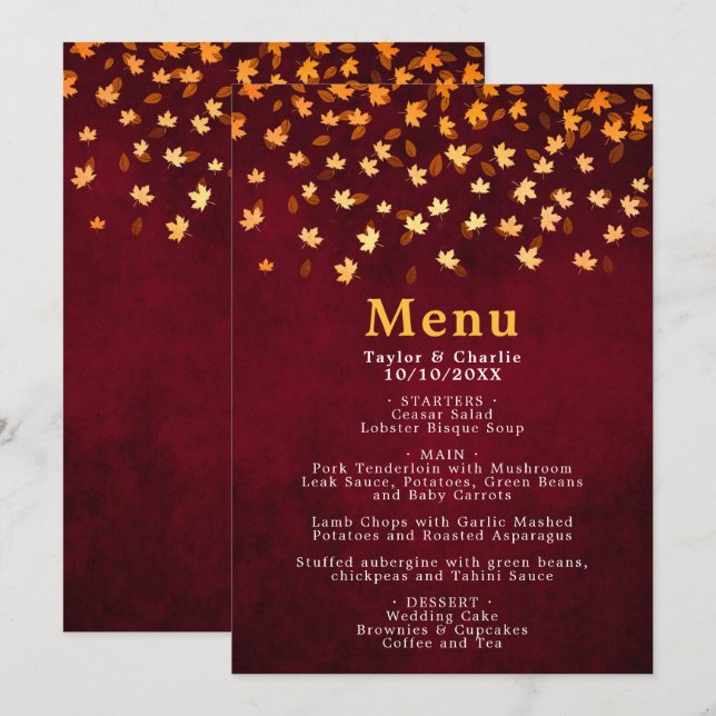Autumn Leaves Gold and Red Wedding Menu (Front/Back)