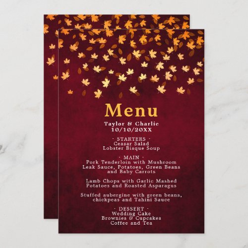 Autumn Leaves Gold and Red Wedding Menu