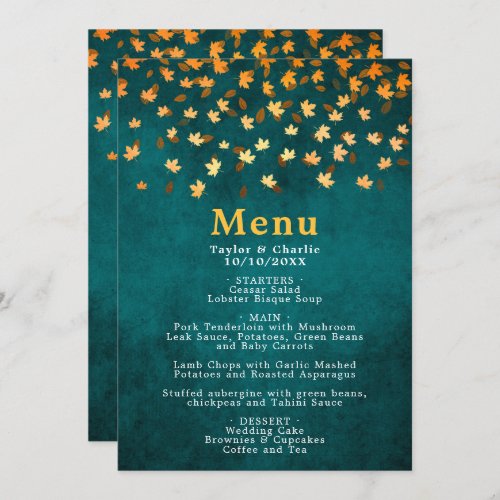 Autumn Leaves Gold and Teal Blue Wedding Menu