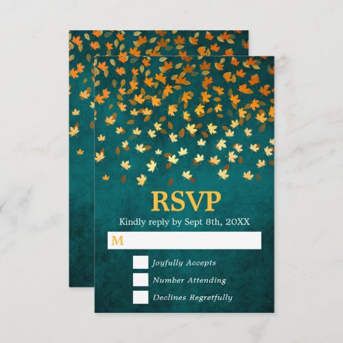 Autumn Leaves Gold and Teal Grunge Wedding RSVP Card