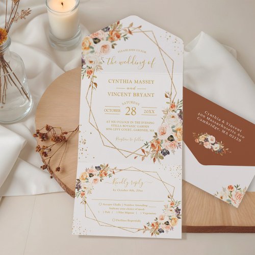 Autumn Leaves Gold Floral Geometric Wedding All In One Invitation