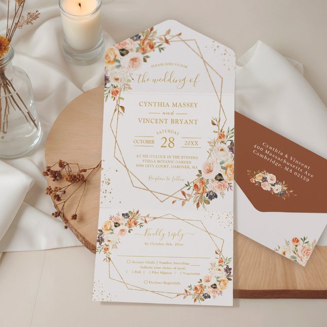 Autumn Leaves Gold Floral Geometric Wedding All In One Invitation (Creator Uploaded)