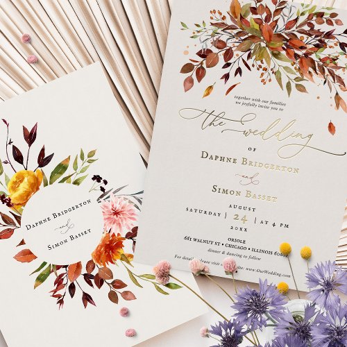 Autumn Leaves Gold Foil Wedding Invitation Foil Invitation