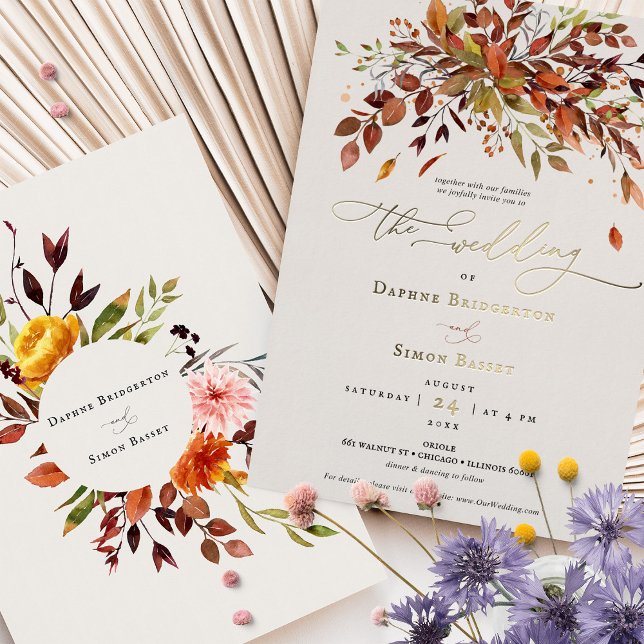 Autumn Leaves Gold Foil Wedding Invitation Foil Invitation (Creator Uploaded)