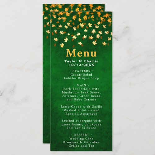 Autumn Leaves Green and Gold Wedding Menu